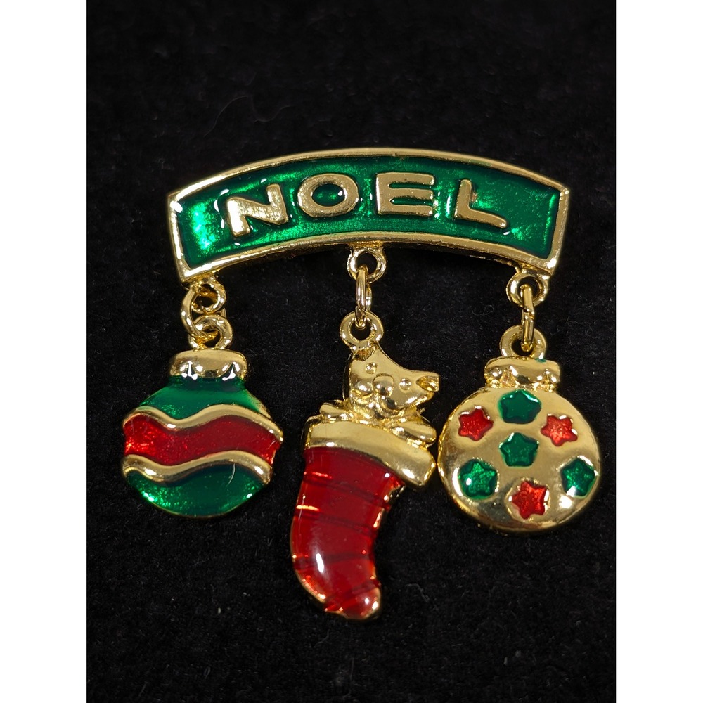 Vintage Van Dell Noel Christmas Brooch Pendant Cat Stocking Enamel‎ Pin